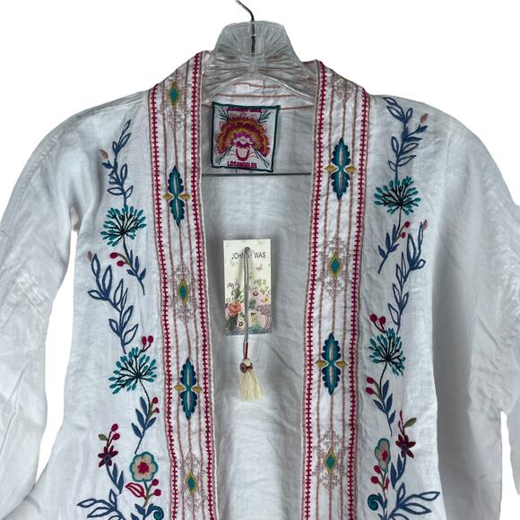 Johnny Was Sicilia Cropped Linen Kimono Jacket Floral Embroidery Size XS - Picture 6 of 12